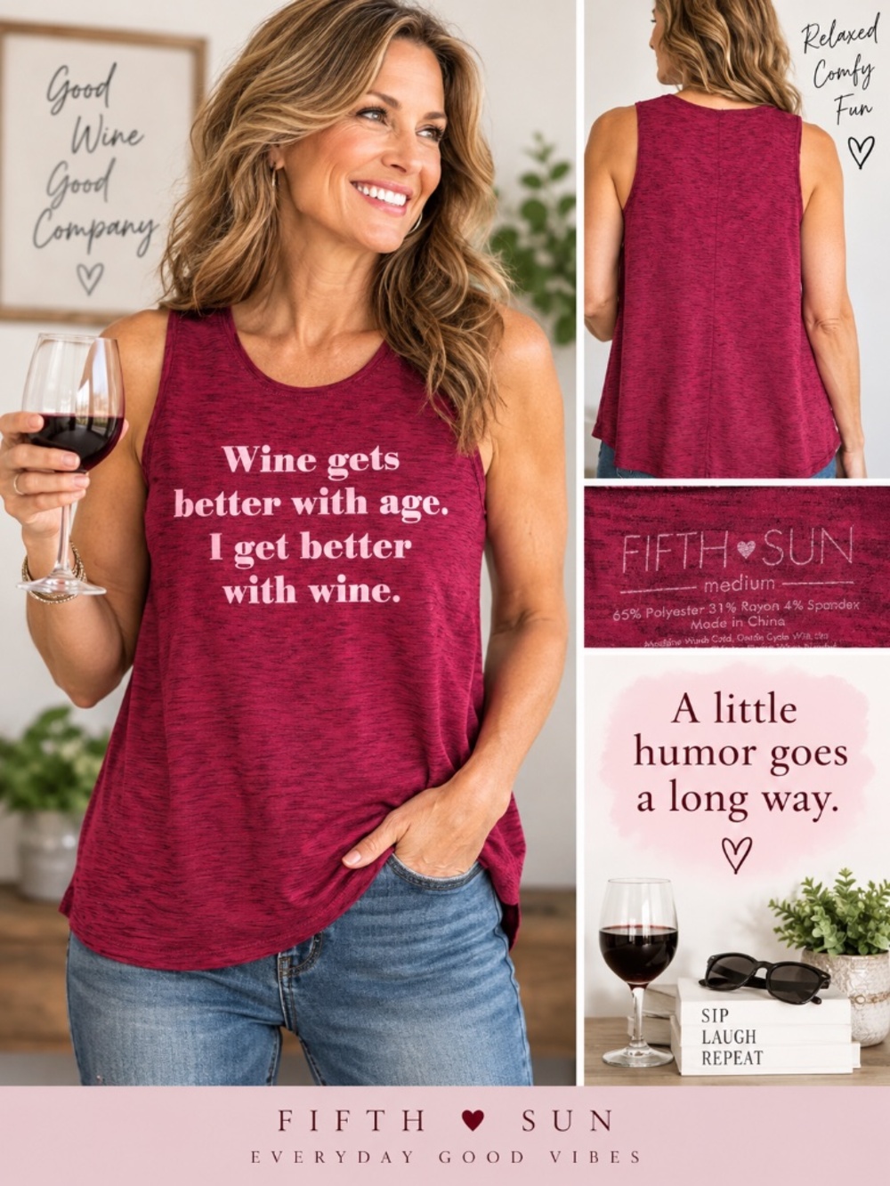 Fifth Sun Wine Graphic Tank Top Medium Burgundy Pink Sleeveless Tee